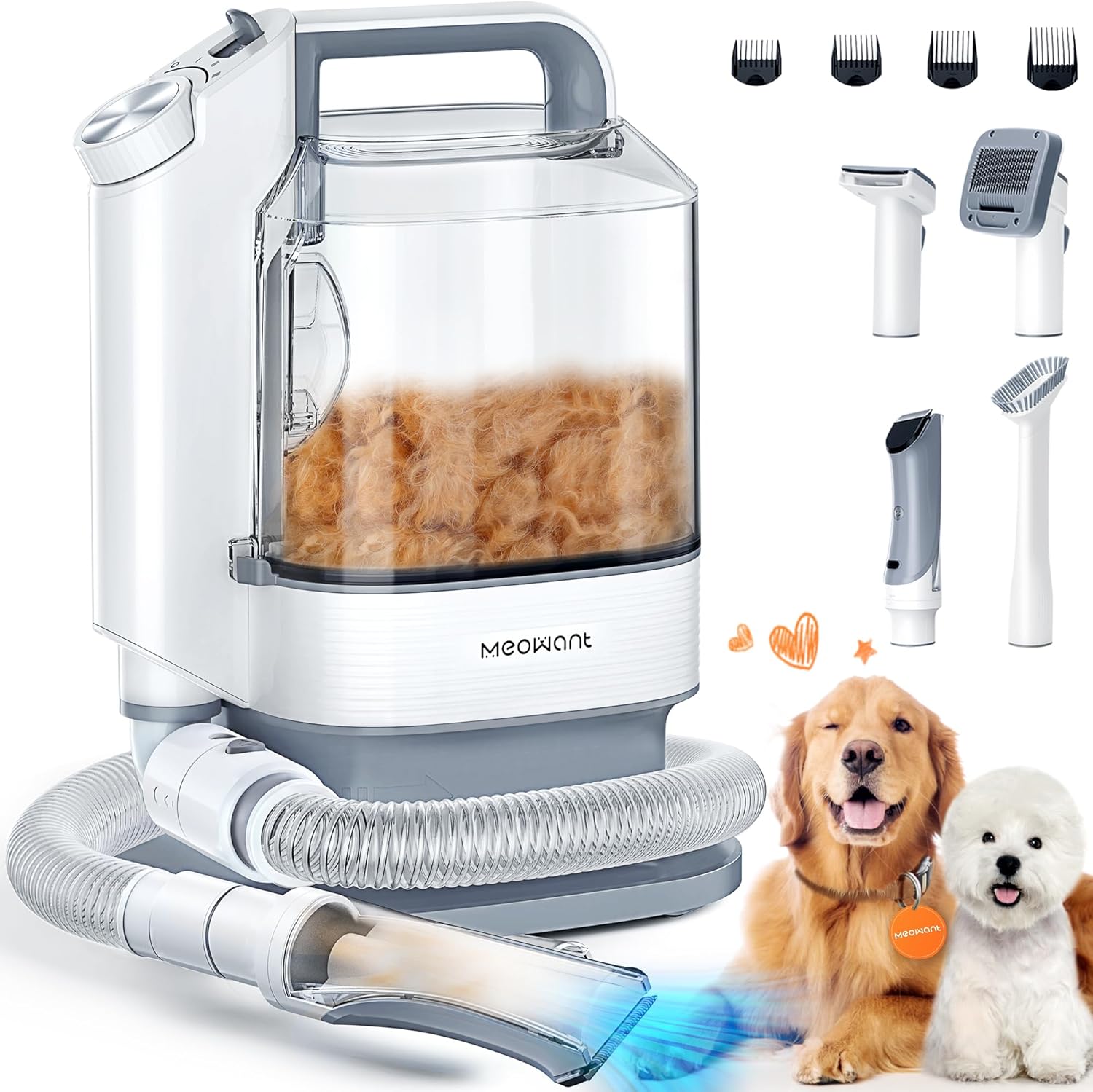 Meowant Dog Clipper with Vacuum Cleaner, 13 KPa Strong Suction Power, 3.2 L Large, Quiet Clipper Dog Cat Pet Hair Trimmer with 5 Professional Tools for Grooming and Cleaning