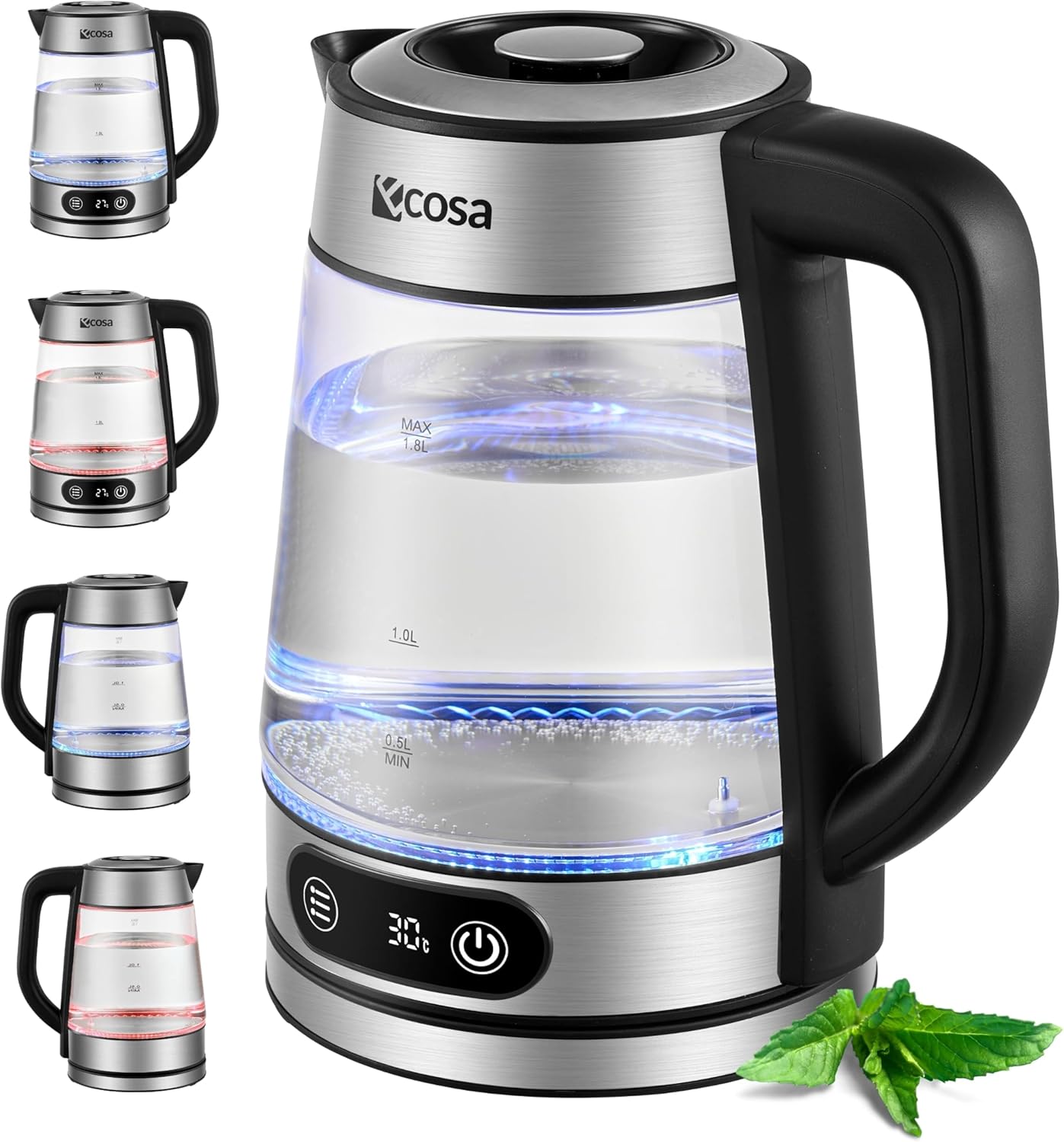 Ecosa Glass Kettle with Temperature Setting 1.8 Liters 2,200 Watt Stainless Steel with Temperature Selection Tea Maker 100% BPA Free Keep Warm Function LED Lighting Memory Function