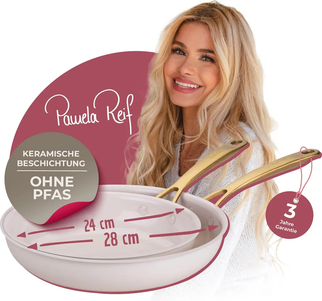 Fackelmann x Pamela Reif Signature frying pan set 3-piece.  Ø 20/24/28 cm, pastel beige, made of recycled aluminum