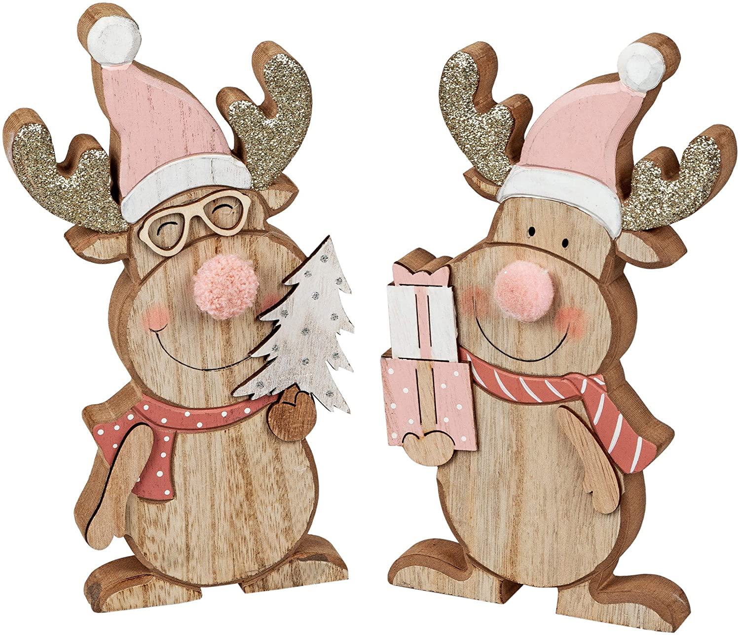 Formano Set of 2 Reindeer Wooden Pink Gold 22 cm Christmas Advent Display