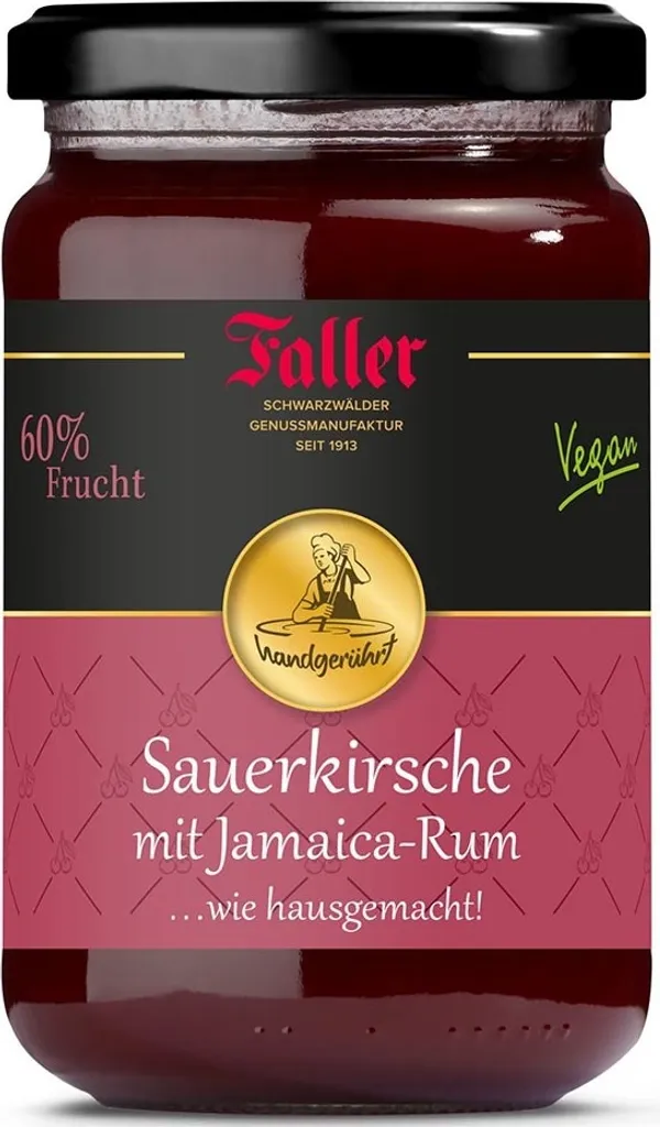 Faller Jams Faller Sour Cherry Jam with Jamaican Rum: Homemade Delight, 60% Fruit, 330g
