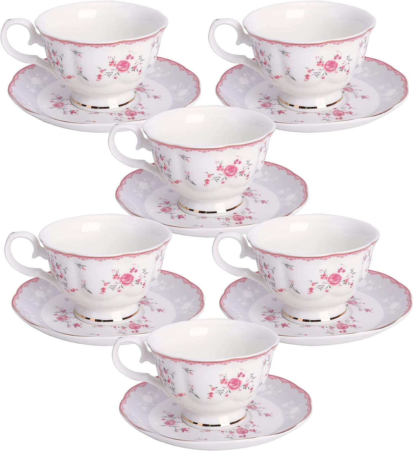 fanquare Pink Rose Flower Set of 6 Tea Cups and Saucers, Porcelain with Gold Rim, 150 ml