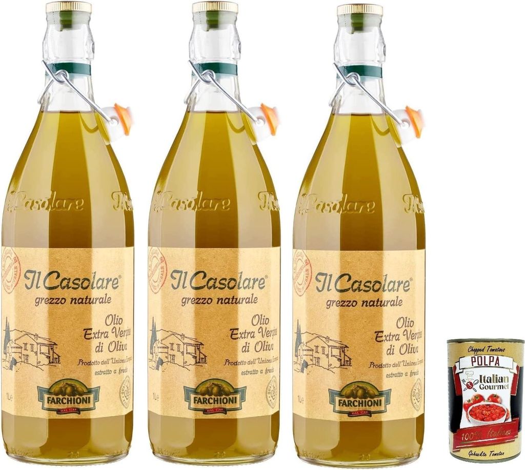 Italian Gourmet E.R. Farchioni Casolare, Il grezzo, cold pressed, extra virgin olive oil 3x 1Lt 100% extra virgin virgin Olio Oliva + Italian Gourmet Polpa 400g