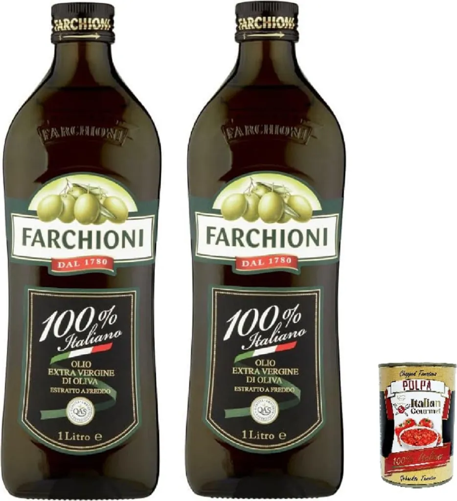 Farchioni Extra Virgin Olive Oil 100% Italiano, 1 Liter, 2 bottles with Italian Gourmet polpa 400g 2400 ml