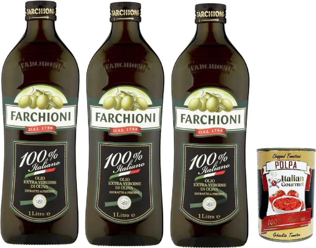 Farchioni Extra Virgin Olive Oil 100% Italiano, 1 Liter, 3 Pack, with Italian Gourmet polpa 400g 3400 ml