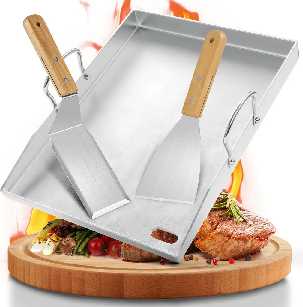 Fiqops Faziango stainless steel griddle 40×30 cm, solid 4 mm plancha with grease drain, incl. 2 grill spatulas, for steak, burgers and vegetables
