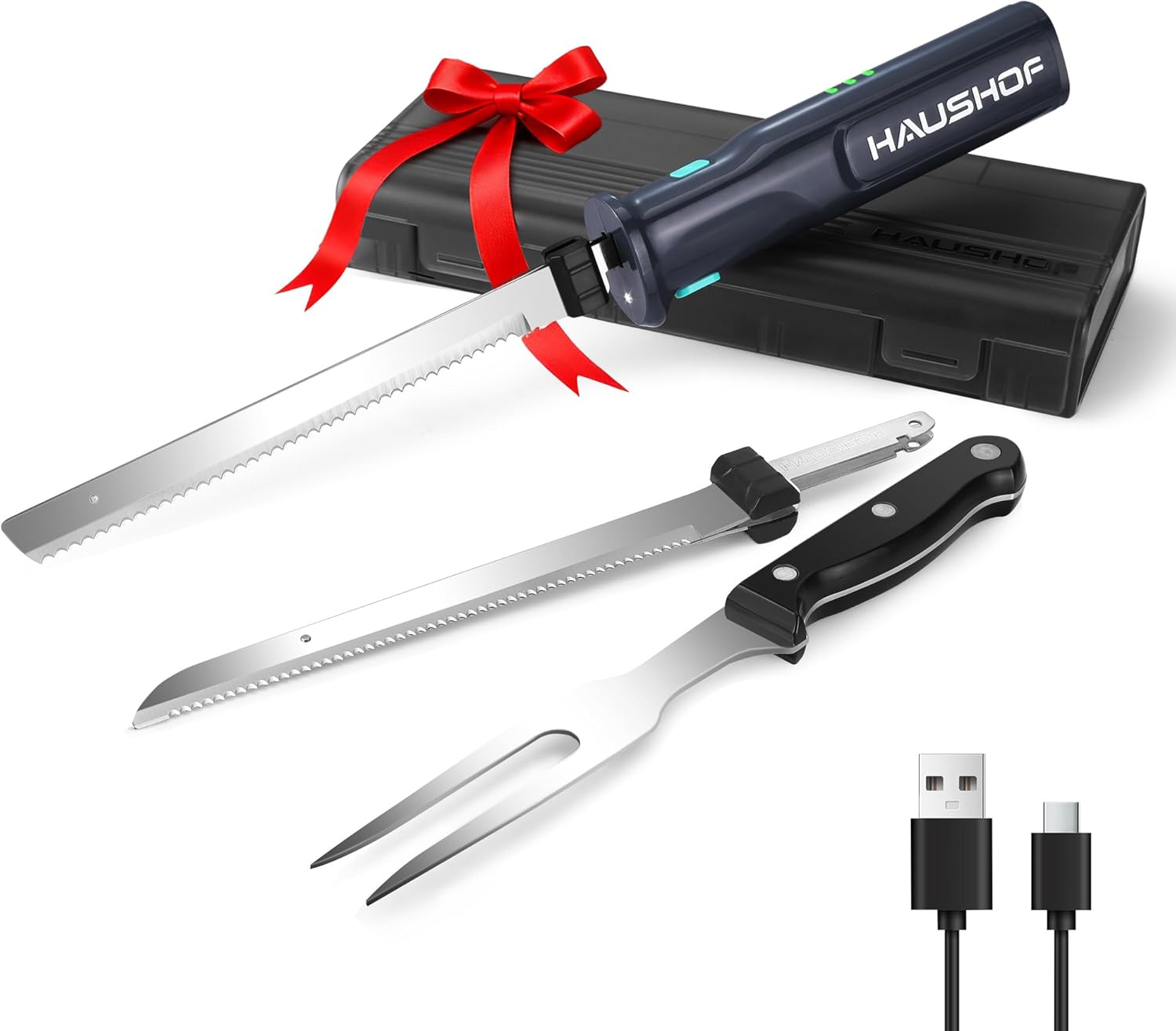 HAUSHOF Electric Knife, Wireless Kitchen Knife with 2 Stainless Steel Blades, Electric Knife with Fork, 2000 mAh Battery for Precise Cutting of Bread, Meat and Cheese, with Storage Box, Gray