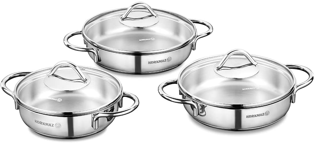 Korkmaz A1805 Tombik Series Stainless Steel 6 Piece Omelette 3 x Low Casserole
