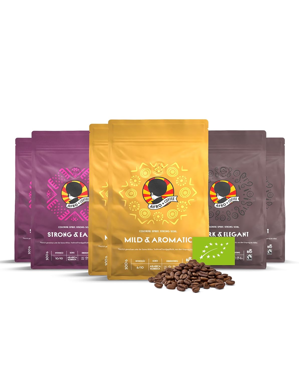 5+1 Mixed Set Afro Coffee, Premium Coffee Beans, Fairtrade from East Africa, the Origin of Coffee. Arabica and Robusta, Sun-Ripened, Hand Picked and Gently Roasted