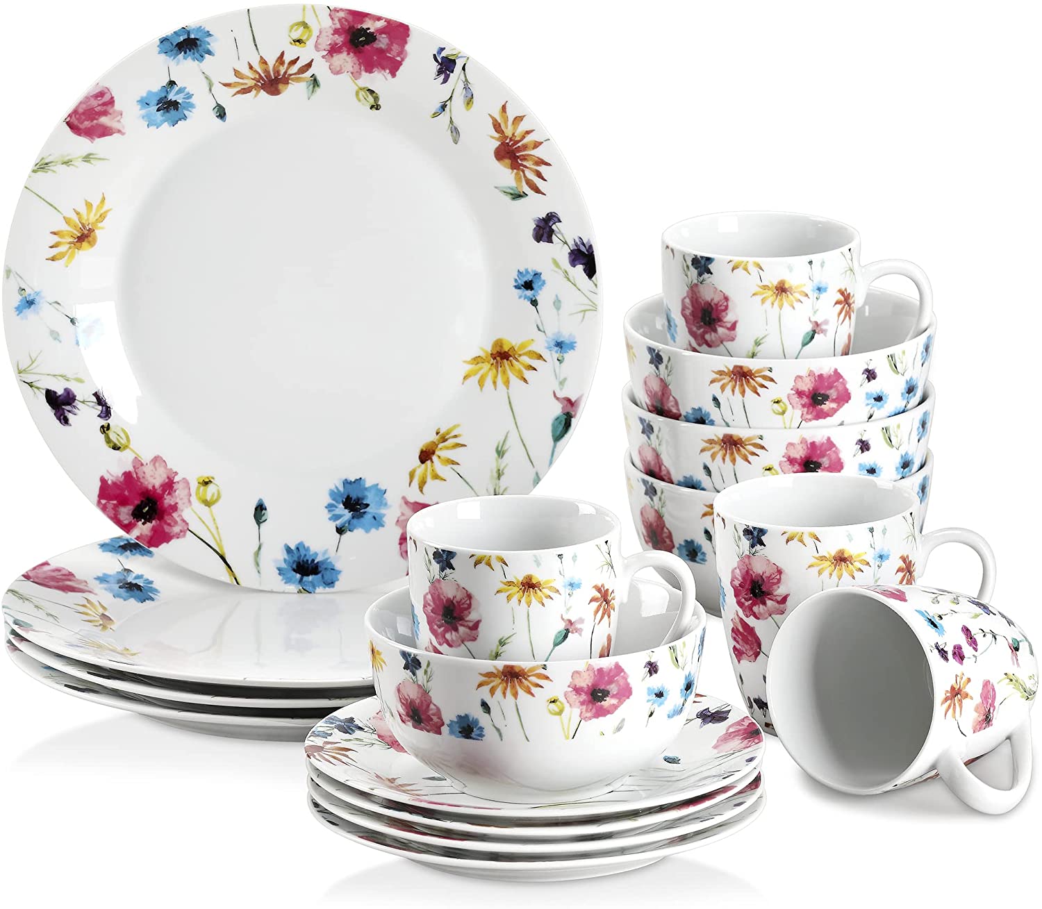 Veweet 32-piece Porcelain Dinner Set, 16-piece Crockery Set includes 10.75 inch (27 cm) Dinner Plate, 7.5 inch (19 cm) Dessert Plate, 5.5 inch (14 cm) Bowl and 380 ml Coffee Mug, Complete Service for 4/8 People