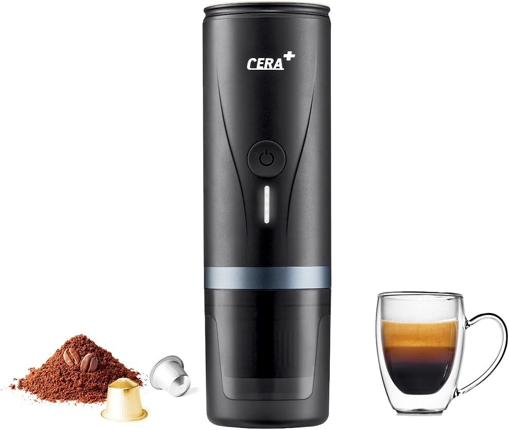 CERA+ CERA+ Electric Portable Espresso Machine with 3-4 Minutes Self-Heating, 20 Bar 12 V Mini Battery Coffee Machine, Compatible with NS Capsule & Ground Coffee Travel Coffee Machine for Car, Camping