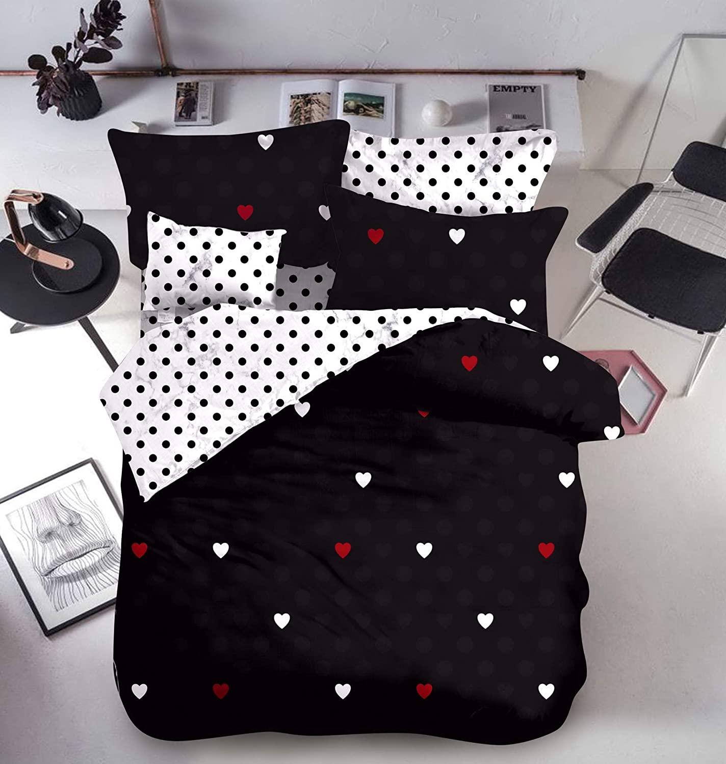 Febe Microfibre Double Sided Bed Linen White Red Hearts 3-Piece Duvet Cover