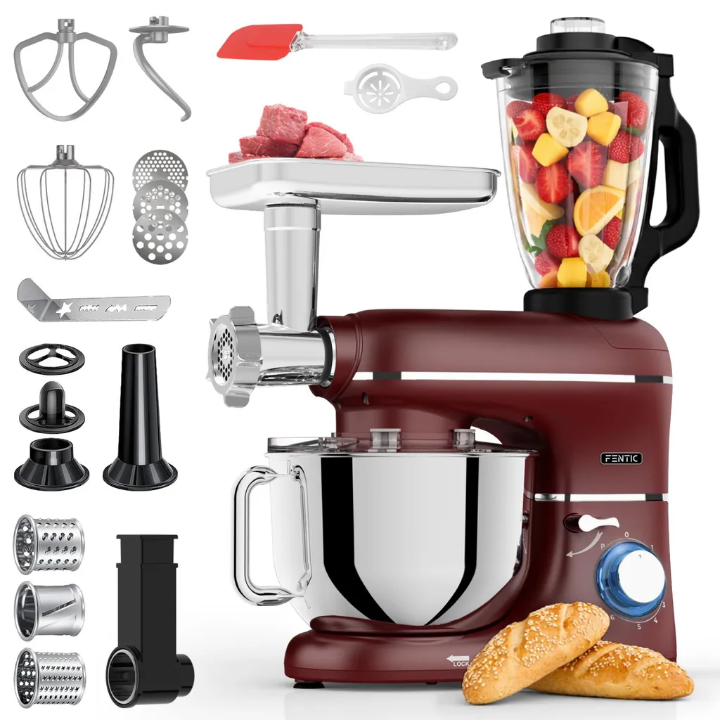 Fentic 6-in-1 Kitchen Machine – Kneading Machine, Mixer, Food Processor, Meat Grinder, Vegetable Slicer, 2000W, 6.2L Stainless Steel Bowl