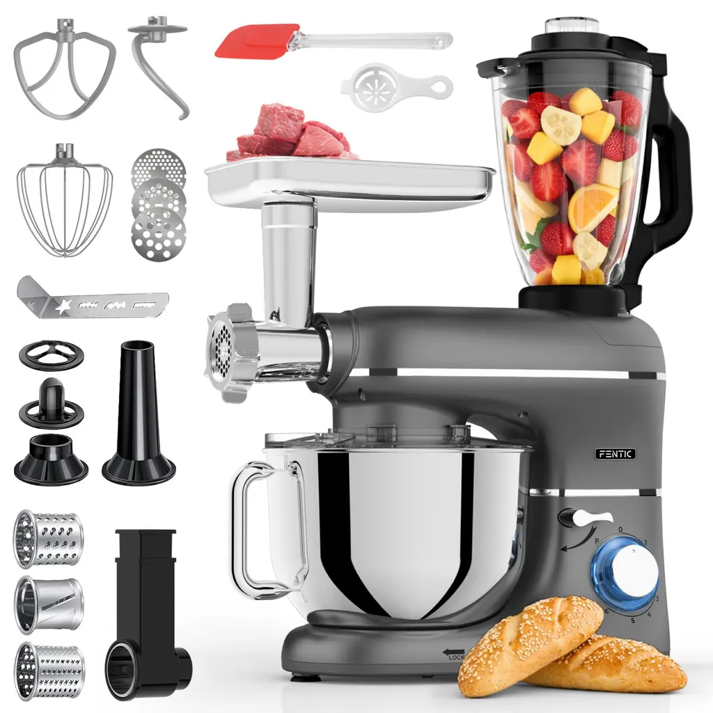 Fentic 6-in-1 Kitchen Machine – Kneading Machine, Mixer, Food Processor, Meat Grinder, Vegetable Slicer, 2000W, 6.2L Stainless Steel Bowl
