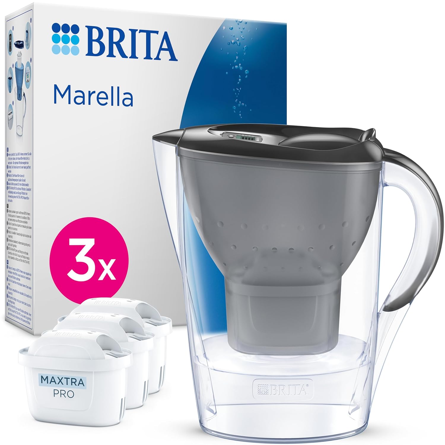 BRITA Water Filter Jug Marella Blue (2.4 L) Including 3 x Maxtra Pro Pure Performance Cartridges - Refrigerator-Safe Filter Jug with BRITA Memo, Folding Lid, Filters Impurities