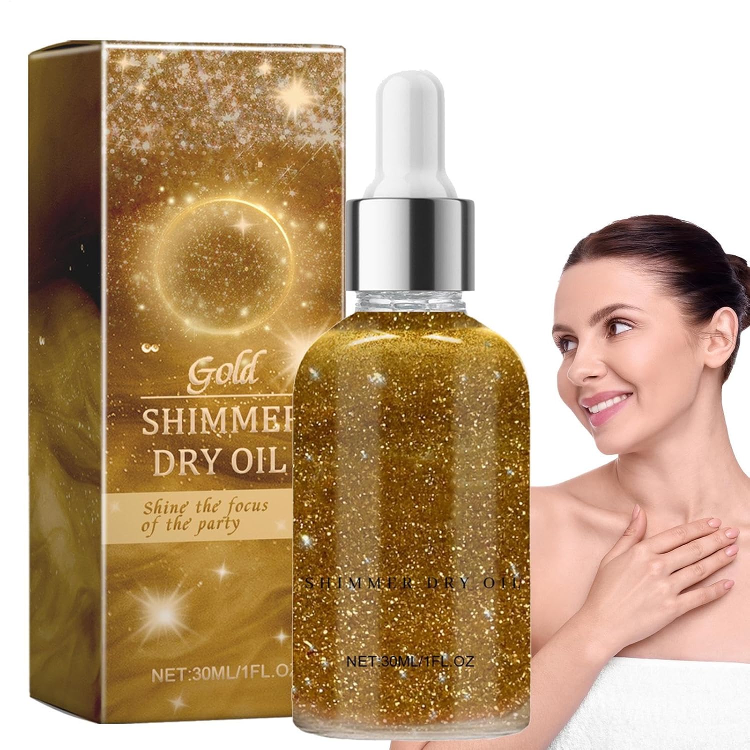 Dry Shimmer Oil - Shiny Glitter Makeup for the Body | Brightening Ingredients, Shine for Face, Shoulders, Eyes, Legs, Spray, Glow Liquid Highlighter, Waterproof, Fast, Lightweight, F