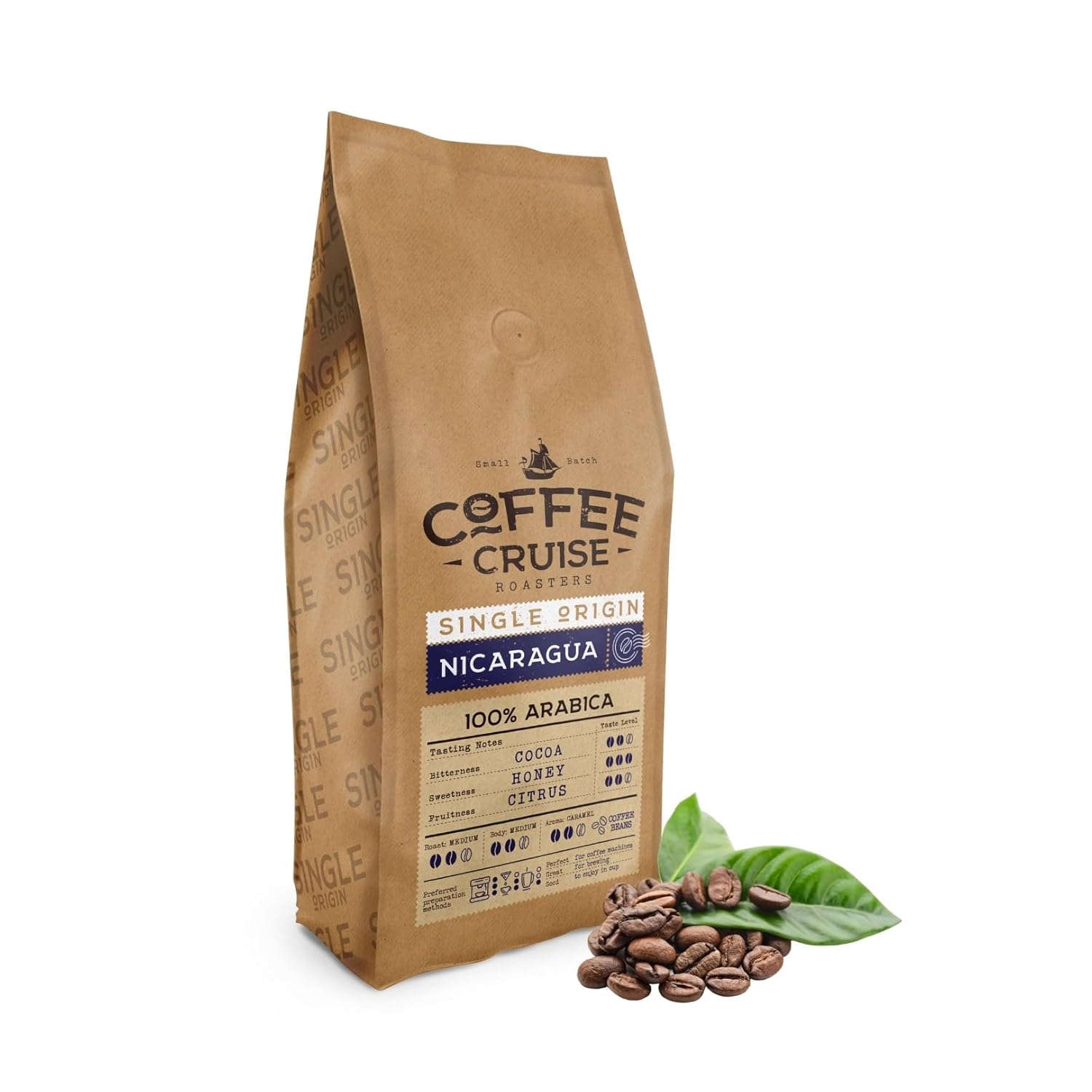 COFFEE CRUISE Nicaragua Coffee Beans 1 kg - Medium Roast - Aroma Caramel and Honey - For All Coffee Machines - 100% Arabic