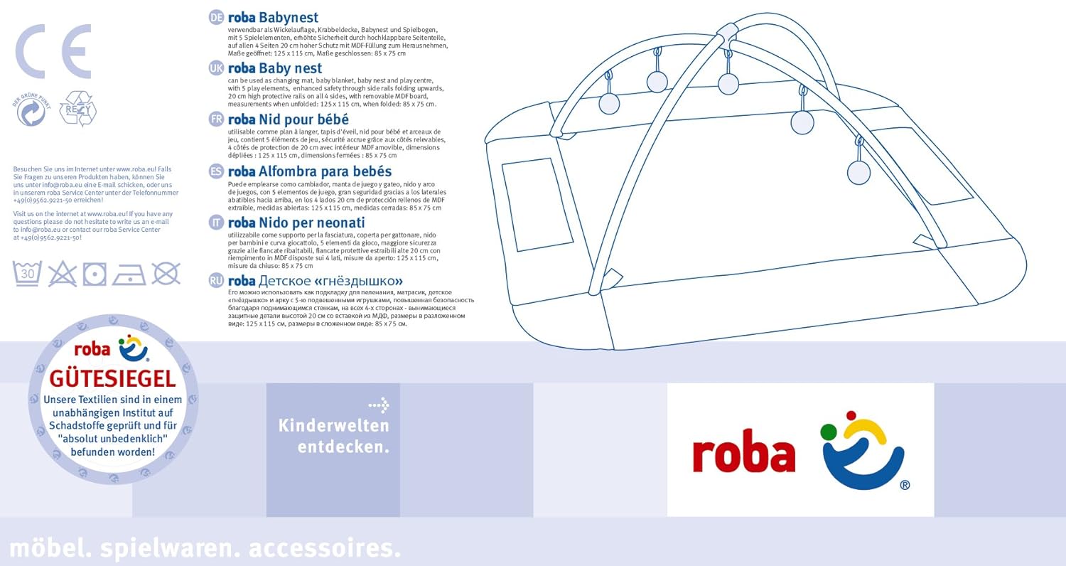 roba Baby Nest 4-in-1 \'Jumbotwins\' Washable Changing Mat with Fall Protection, Cuddly Nest, Play & Crawling Blanket, Activity Centre with Play Arch & Play Elements & Playpen Insert