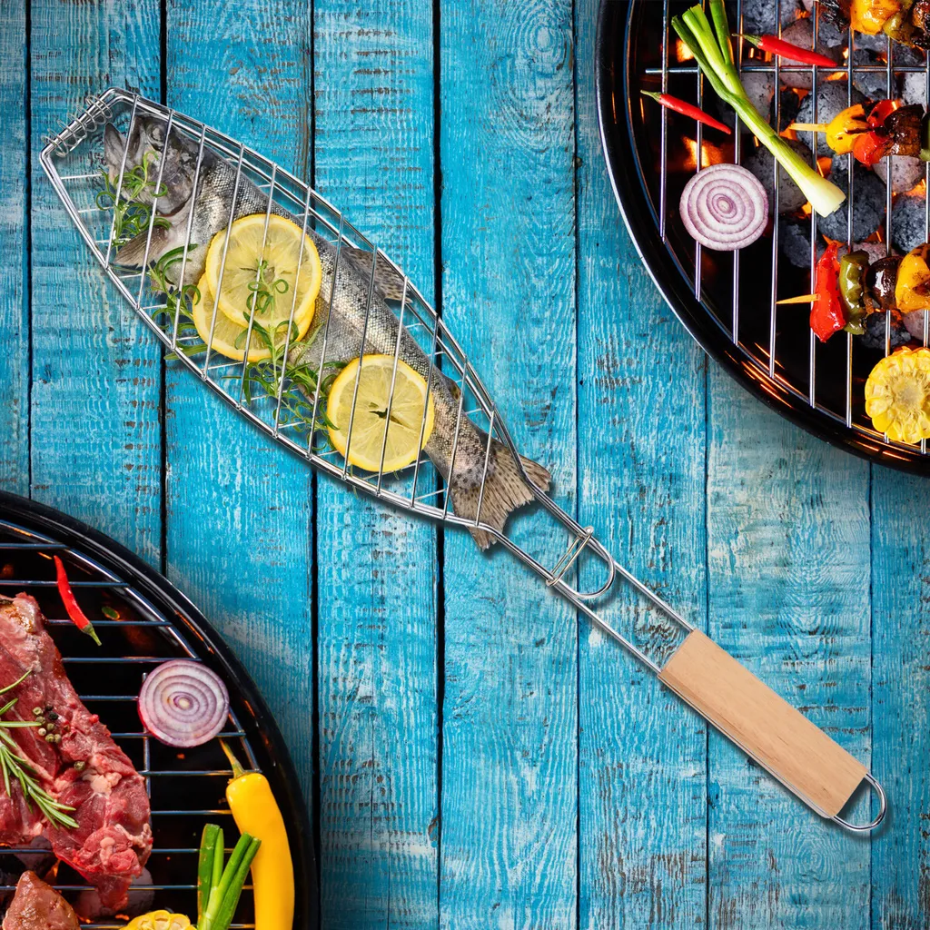 sonstige Fish grid - fish roaster, extra long - chrome-plated - with wooden handle