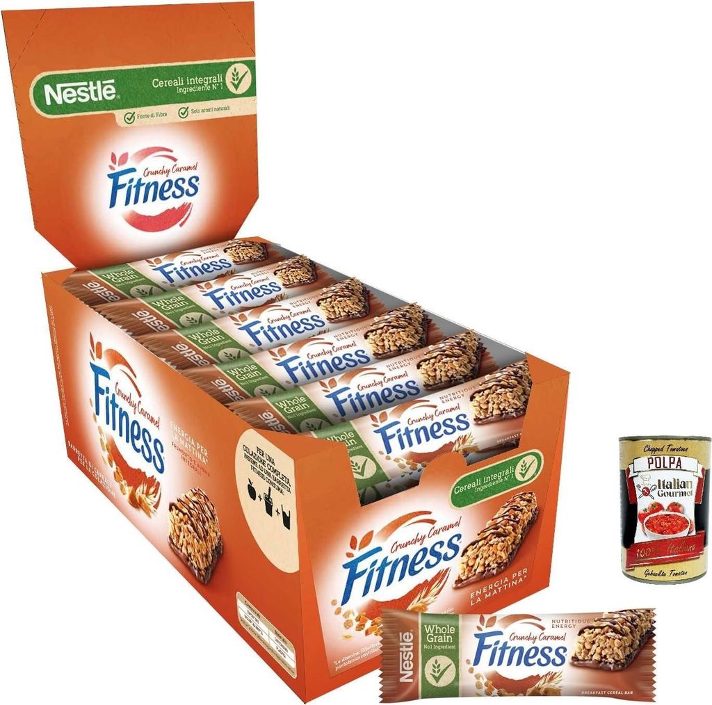 FITNESS Cioccolato e Caramello, Cereal Bars with Chocolate and Caramel Flavor, 24 Bars (564g) + Italian Gourmet Polpa 400g