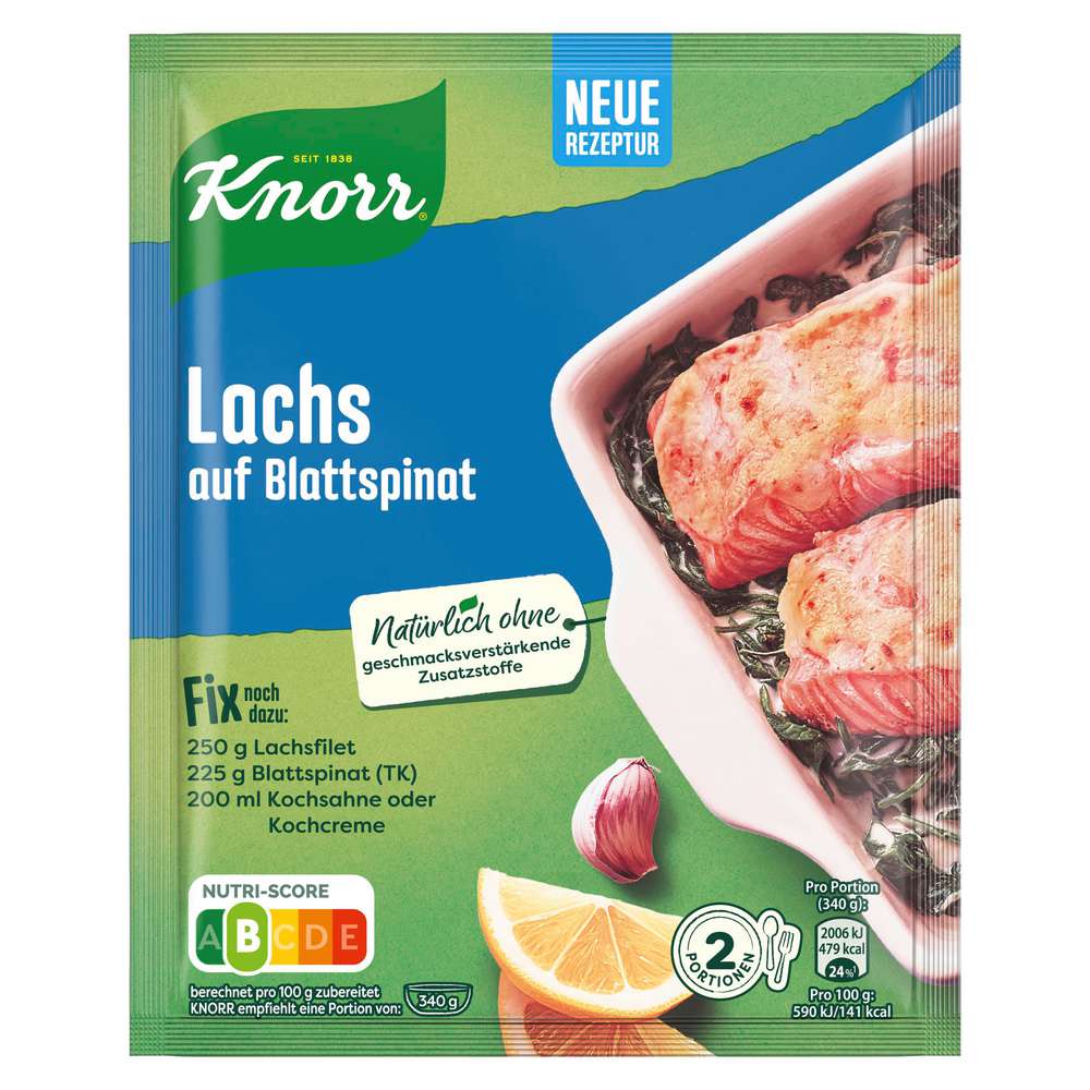 Knorr Fix Würzmischung Lachs auf Blattspinat