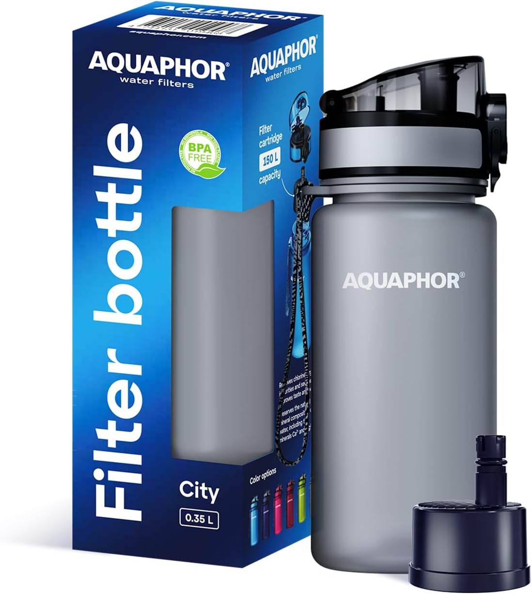 AQUAPHOR City | Small Water Bottle with Water Filter 350 ml Grey | Compact, Lightweight & BPA Free | Suitable for Children and on the Go | Filter Bottle with Activated Carbon Filter | Perfect for