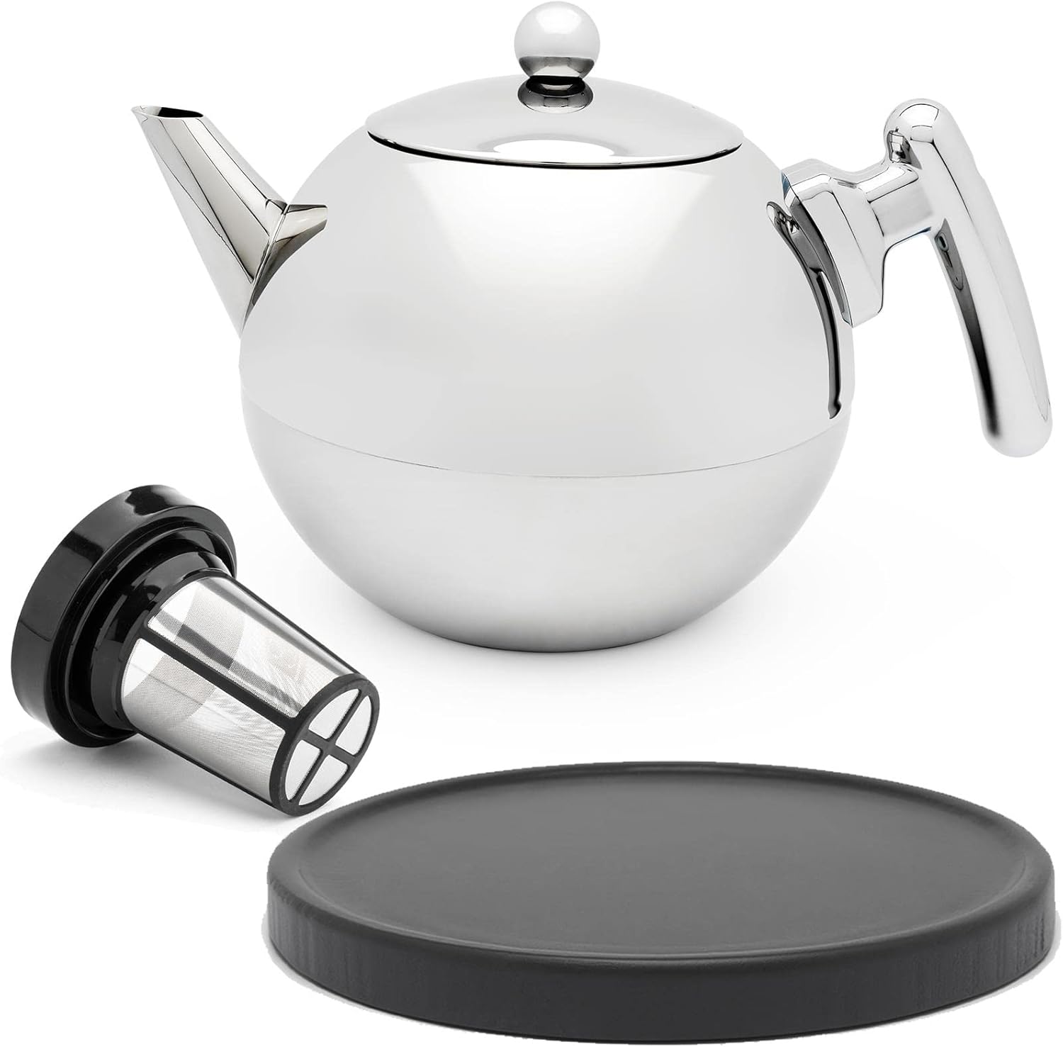 Silver Double-Walled Stainless Steel Teapot Set 1.2 Litres & Round Black Wooden Saucer & Tea Filter