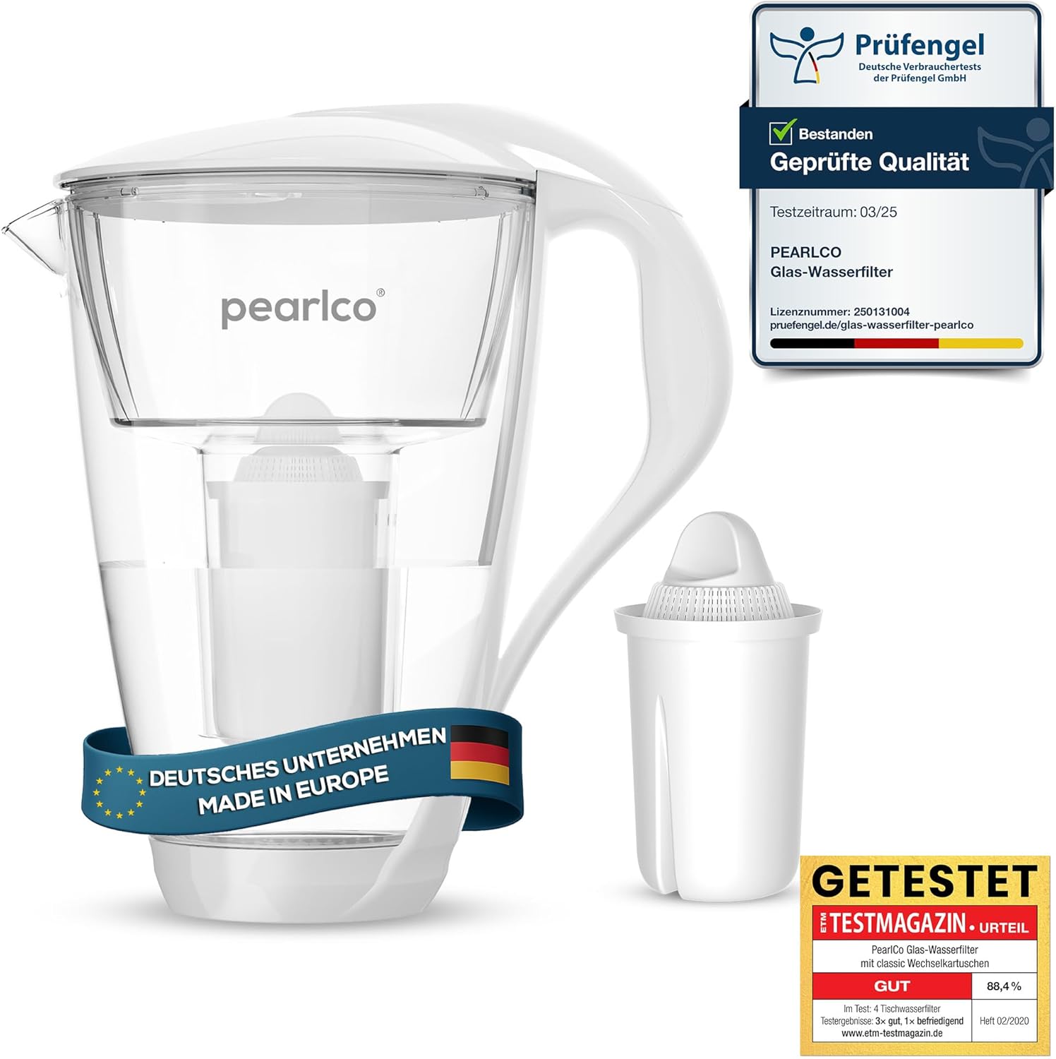PearlCo Glass Water Filter (white) incl. 1 filter cartridge (compatible with Brita® Classic)