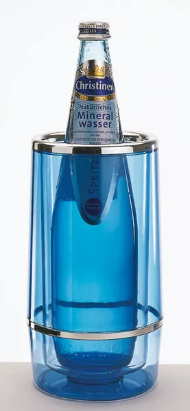 Bottle cooler D: 12 / 10 cm, H: 23 cm, PS, blue-transparent, chrome-plated rim / ring, 6 sets