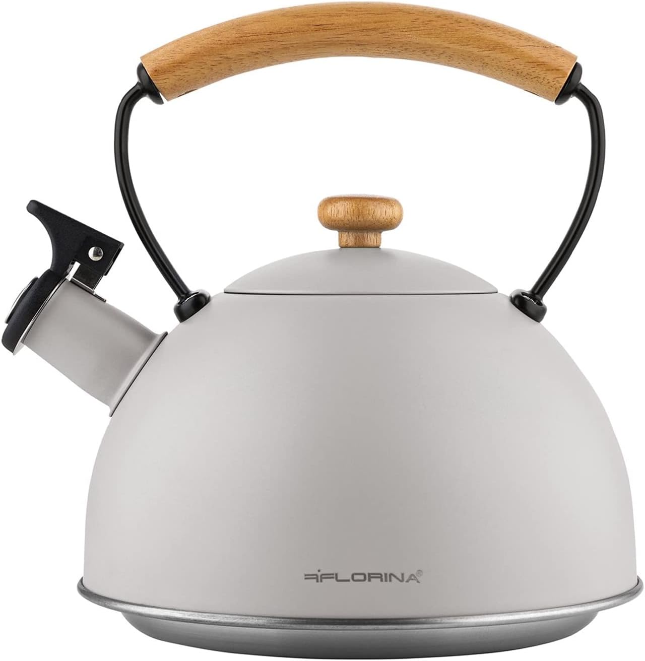 FLORINA NATURAI Kettle (2.3 Litres) I Stainless Steel Tea Kettle Whistling Kettle with Wooden Handle I Automatic Whistling I Kettle for Induction Cooker, Gas Hob and Electric Hob I Colour: Grey