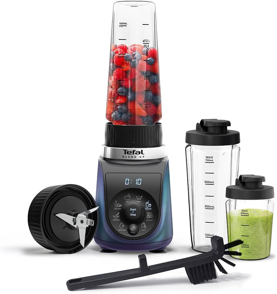 Tefal Blend Up Powerful Mini Mixer, Mute Mode, 1000 W, 8 Automatic Presets, Automatic Cleaning Program, On the Go Bottles BL19H4G0 Boreal Blue