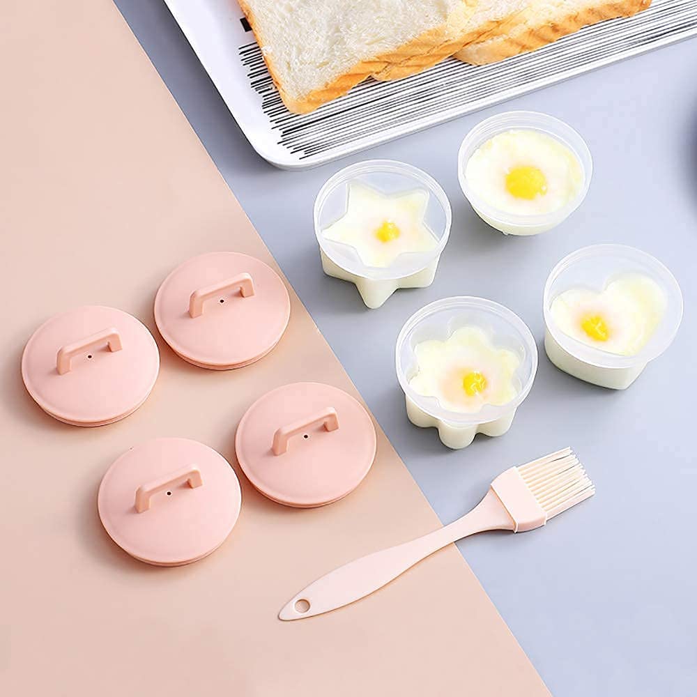 MOCOIMOP Egg Boiler Cute Egg Boiler Plastic Egg Boiler with Brush 4 Different Shapes Without Shell for Cooking Breakfast Omelette Egg (Pink)