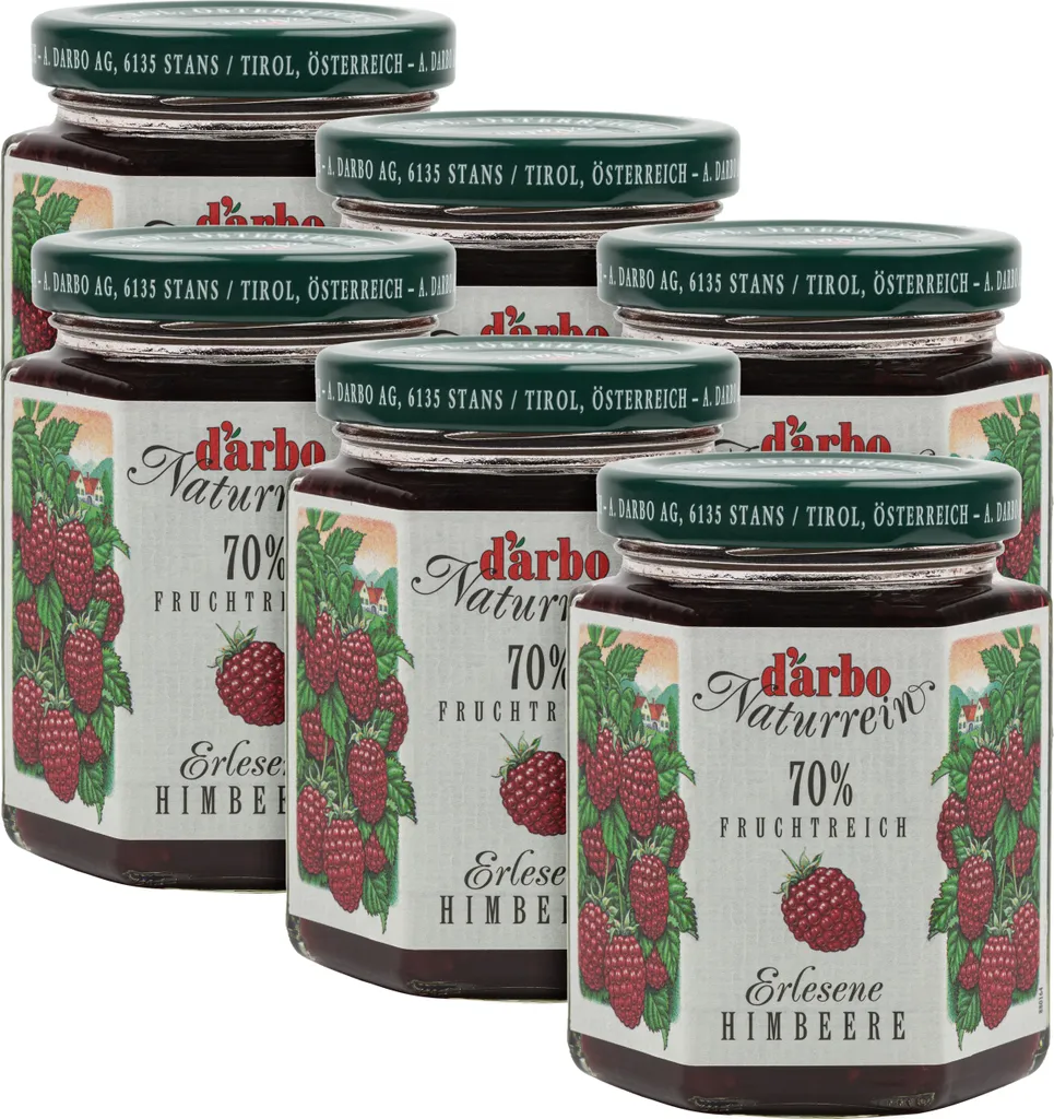 Food-United FRUIT SPREAD DARBO Raspberry 6x 200g Jar Natural with seeds Fruity fruit spread perfect for cakes, tarts, breakfast, bread and rolls, pastries, quark, porridge, fillings, puddings, ice cream