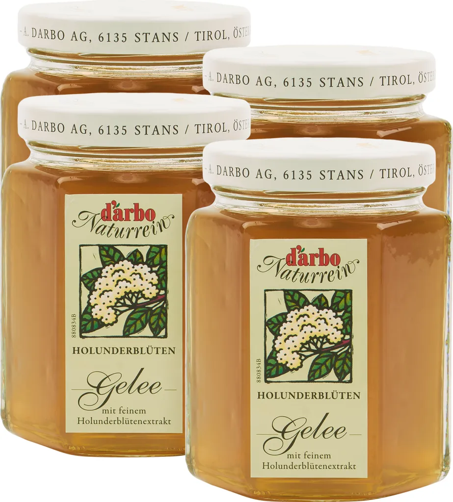 Food-United JELLY made from elderflower extract by DARBO Naturally Pure 4x 200g Jar Fruity and vegan bread and fruit spread Elderflower jelly perfect for fillings Bread and rolls Cakes Porridge Pudding Breakfast Pastries Ice cream Tarts