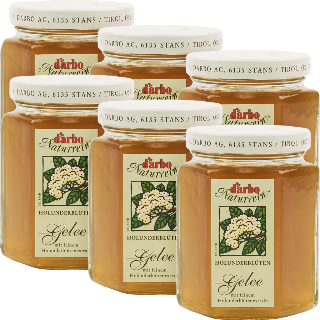 Food-United JELLY made from elderflower extract by DARBO Naturally Pure 6x 200g Jar Fruity and vegan bread and fruit spread Elderflower jelly perfect for fillings Bread and rolls Cakes Porridge Pudding Breakfast Pastries Ice cream Tarts