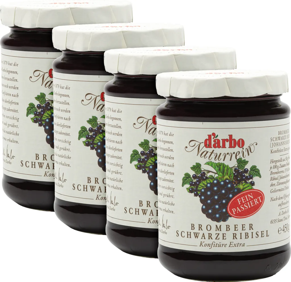 Food-United Extra Blackberry-Blackcurrant Jam, 4 x 450g, by DARBO. Pure blackberry jam with blackcurrants, perfect for bread and rolls, fillings, cakes, breakfast, puddings, and pastries.