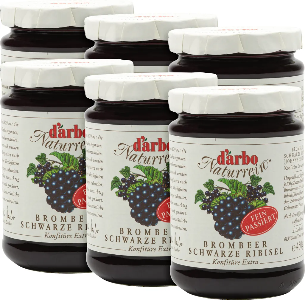 Food-United Extra Blackberry-Blackcurrant Jam, 6 x 450g, by DARBO. Pure blackberry jam with blackcurrants, perfect for bread and rolls, fillings, cakes, breakfast, puddings, and pastries.