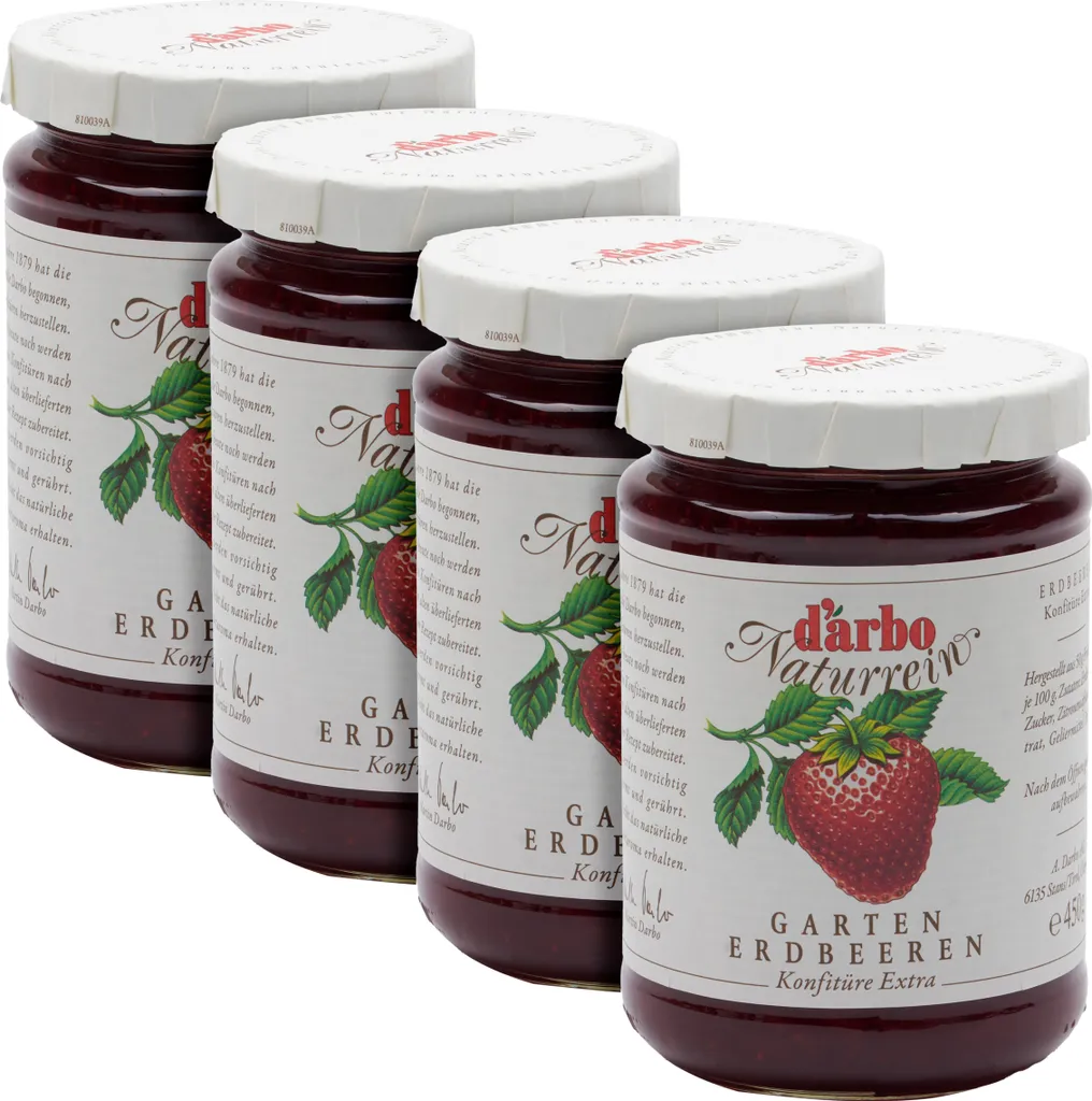 Food-United Extra Garden Strawberry Jam 4 x 450g by DARBO Naturally fruity strawberry jam, perfect for bread and rolls, breakfast, strawberry cake, quark, porridge, puddings, ice creams, fillings, pastries