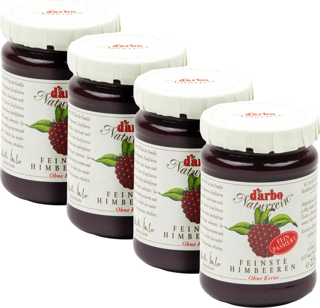 Food-United JAM EXTRA Singles Raspberry Finely Sieved 4x 225g by DARBO Raspberry Jam Fruity Raspberry Fruit Jam Perfect for Raspberry Fillings Cakes Breakfast Single Breakfast Bread and Rolls Porridge Puddings Pastries