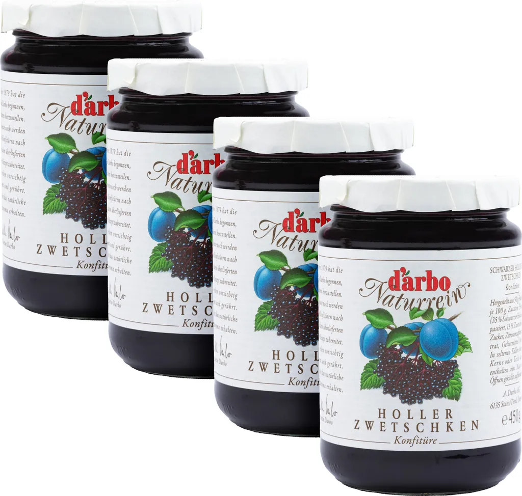 Food-United Elderflower-Plum Jam 4 x 450g from DARBO Pure Elderflower-Plum Fruit Jam Perfect for bread and rolls, plum fillings, cakes, breakfast, elderflower quark porridge, pudding, pastries, ice cream 1800g