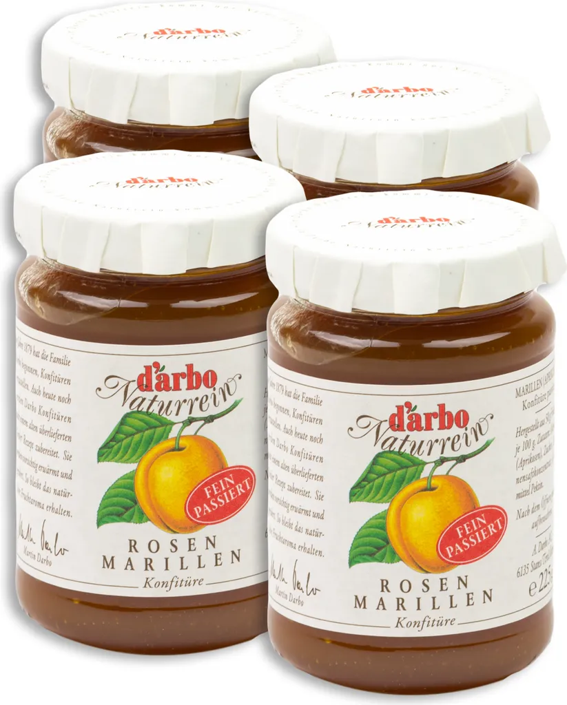 Food-United Jam Singles Apricot Jam, finely strained, 4 x 225g from DARBO, perfect for bread and rolls, single breakfast, apricot cake, quark, porridge, puddings, ice creams, fillings, pastries 900g