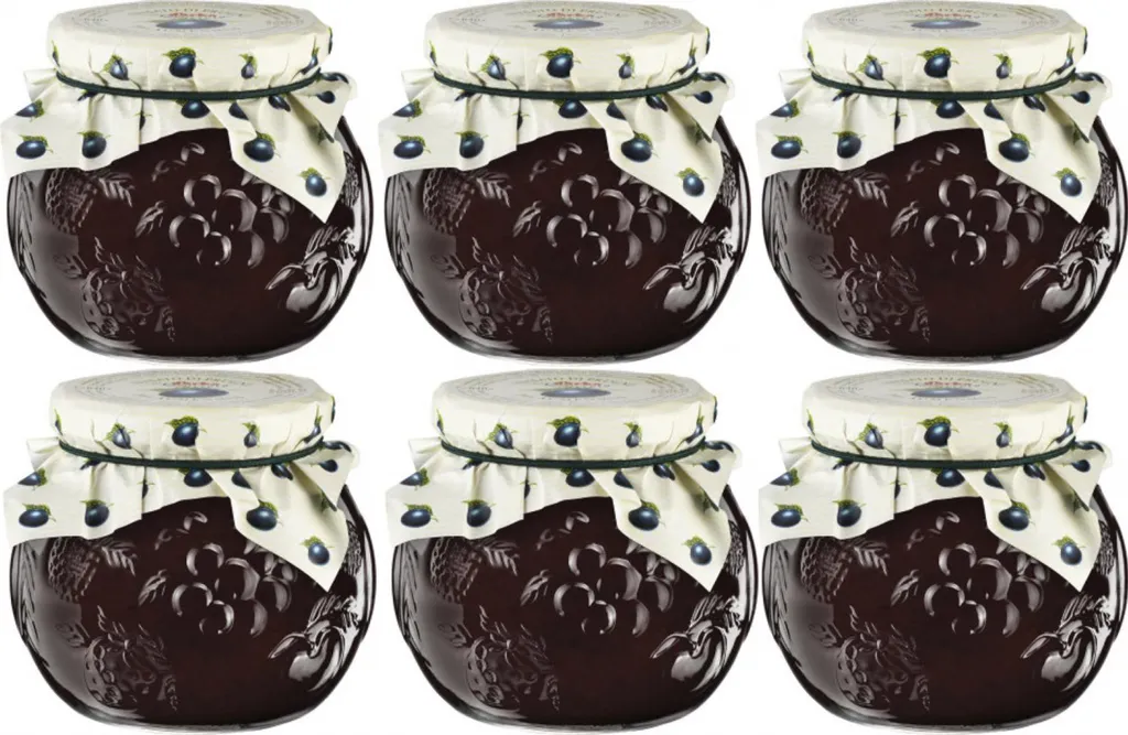 Food-United Plum Jam, natural, 6x 640g fruit pieces, Powidl decorative glass DARBO