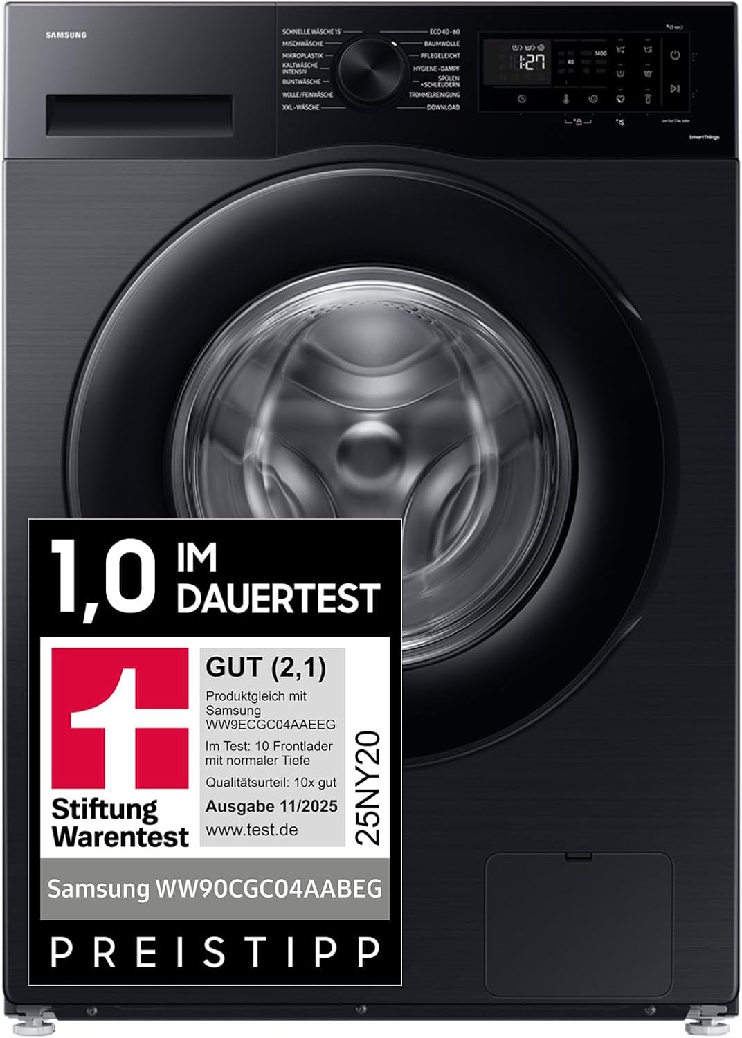 Samsung WW90CGC04AABEG Washing Machine, 9 kg, 1400 rpm, Energy Efficiency Class A, Microplastic Programs, Ecobubble, 14 Programs, WiFi SmartControl, Black
