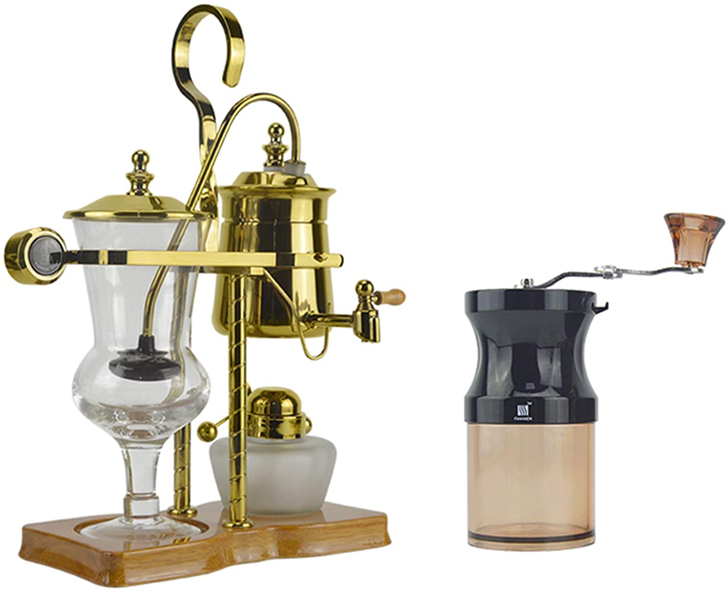 BNMY Vacuum Coffee Machine Siphon Coffee Machine Set Coffee Siphon Household Belgian Jug Royal Coffee Pot with Portable Hand Coffee Grinder Gold