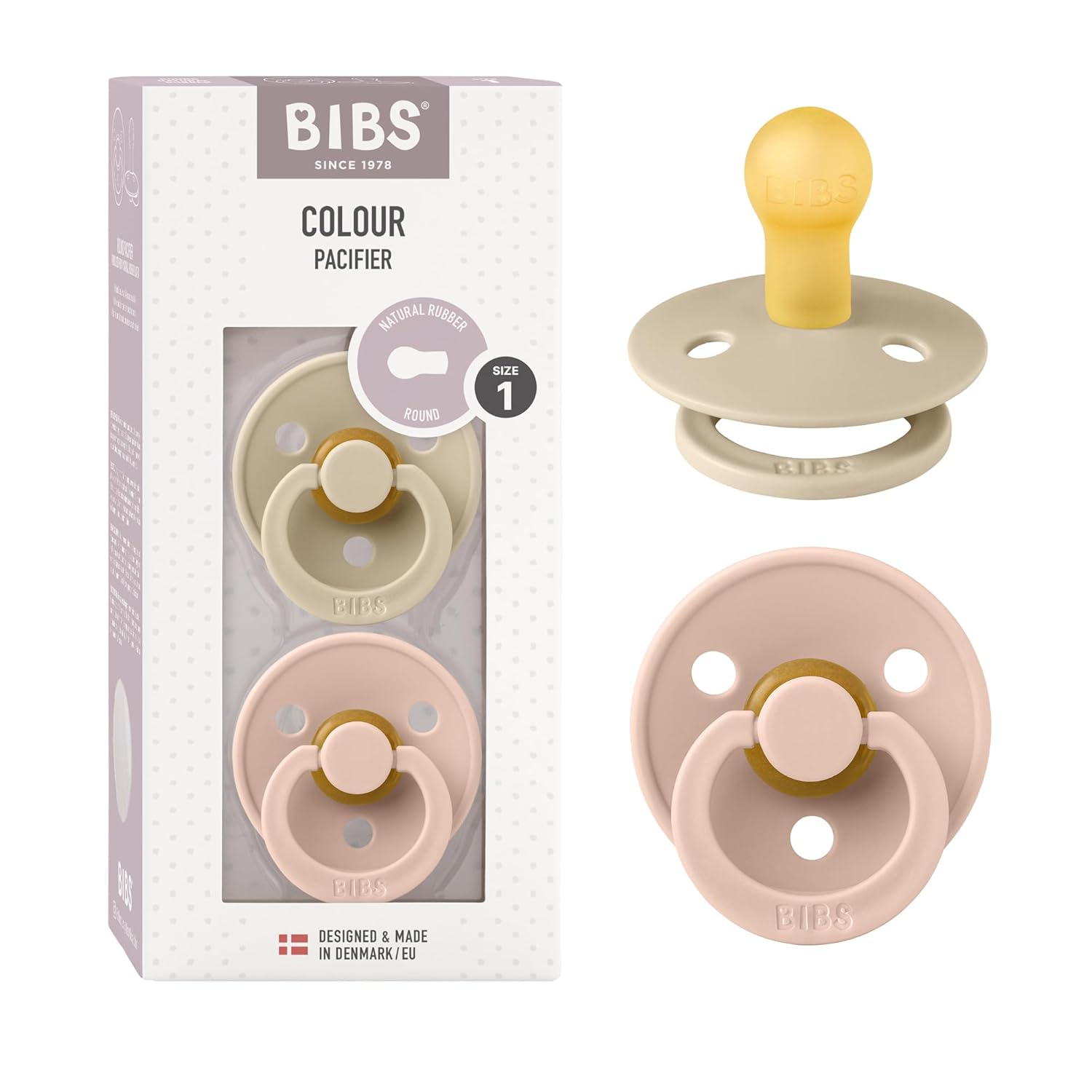 Bibs Dummies, 2-Pack of Colorful Dummies, Natural Rubber Danish Dummies in a Cherry Shape