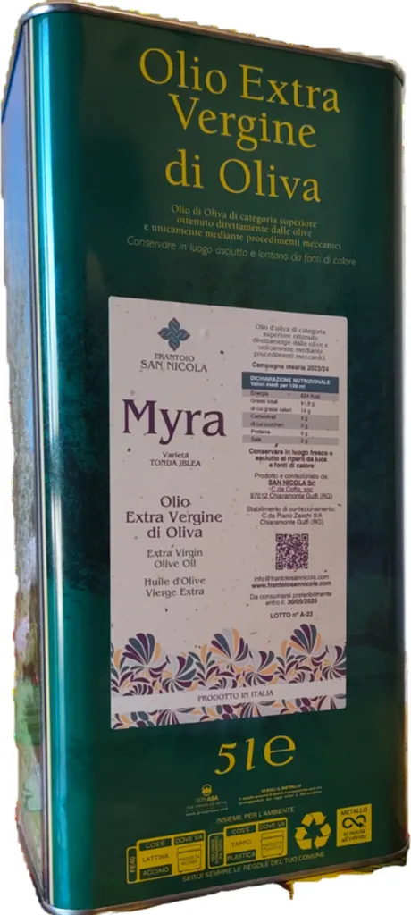 Win2Win Tech FRANTOIO SAN NICOLA - MYRA EXTRA VIRGIN OLIVE OIL 5 LITER - CAMPAIGN 2023/24, 5 Liters