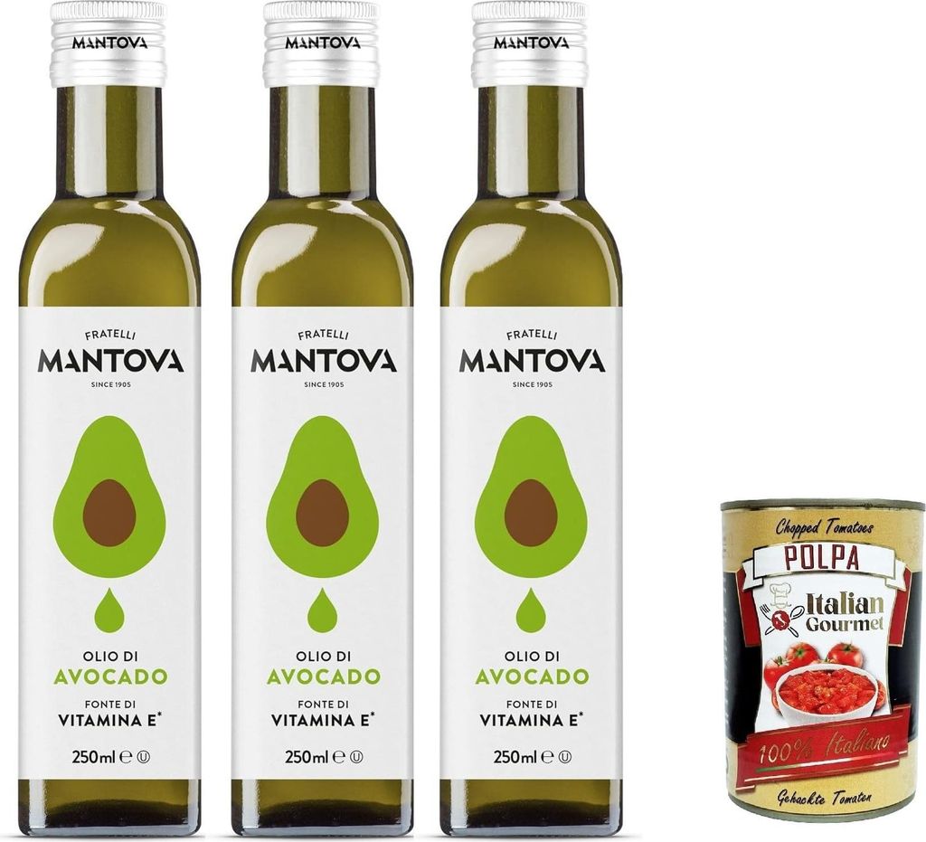 Italian Gourmet E.R. Fratelli Mantova Avocado Oil – Nutraceutical Oil – 100% Natural and 100% Pure – Health and Wellbeing – Naturally Contains Vitamin E 3 x 250 ml + Italian Gourmet Avocado Pulp 400 g