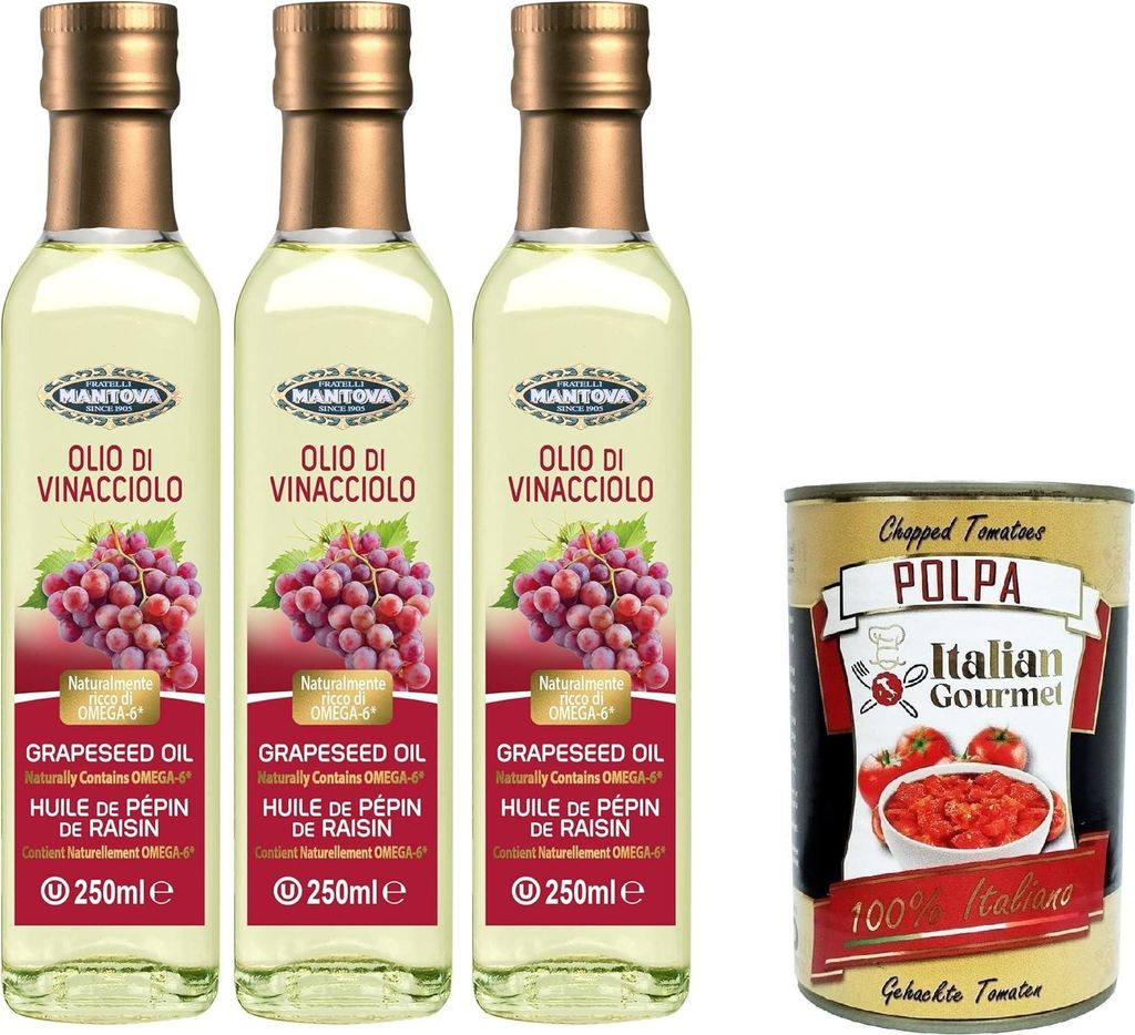 Italian Gourmet E.R. Fratelli Mantova Grape Seed Oil 3x250 ml – Nutraceutical Oil – 100% Natural and 100% Pure – Health and Wellbeing – Naturally Rich in Omega-6 – High Quality + Italian Gourmet Grape Seed Oil 400g