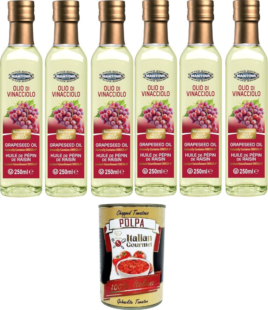 Italian Gourmet E.R. Fratelli Mantova Grape Seed Oil 6x250 ml – Nutraceutical Oil – 100% Natural and 100% Pure – Health and Wellbeing – Naturally Rich in Omega-6 – High Quality + Italian Gourmet Grape Seed Oil 400g