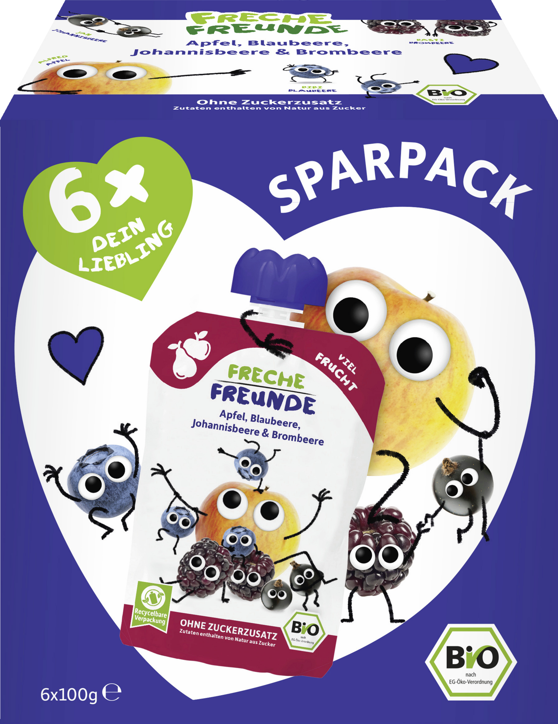 Freche Freunde Organic Squeezable Fruit Pouches Apple, Blueberry, Blackcurrant & Blackberry 6-Pack 600g